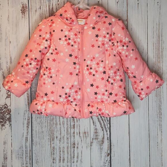 NWT, Gymboree Toddler puffer coat, Sz 18-24m, Pink Stars Print, ruffle bottom.